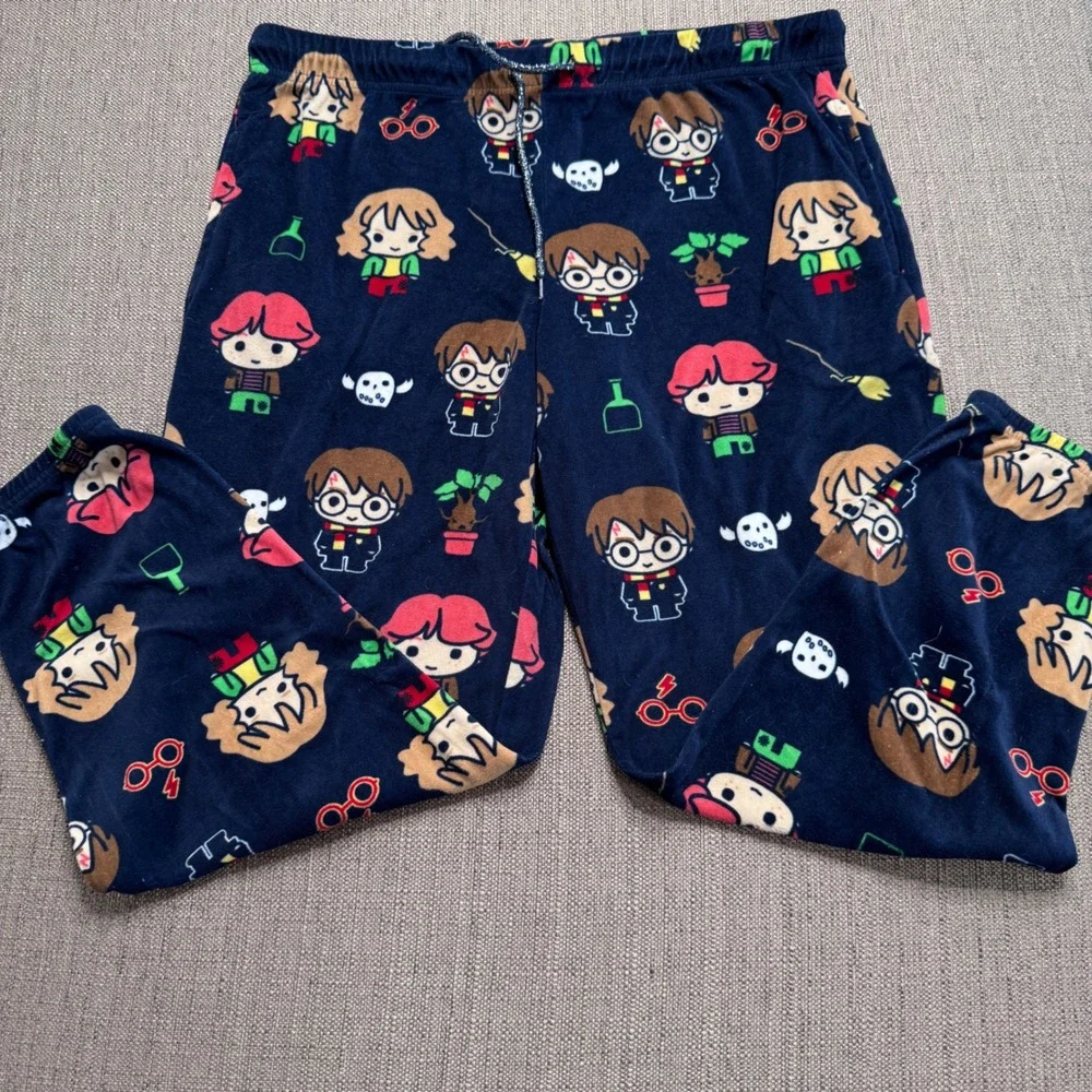 Harry Potter Kids Fleece Pajama Pants Blue Chibi Characters Size L 12-14